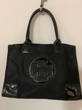 Tory Burch Black Nylon Tote with Patent Logo Medallion